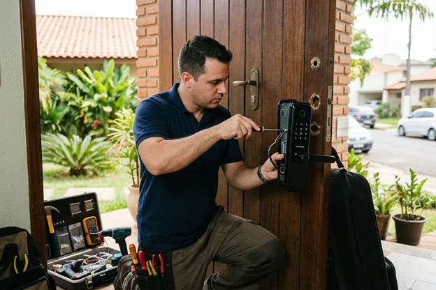 Chaveiro instalando uma fechadura digital em Bauru.
